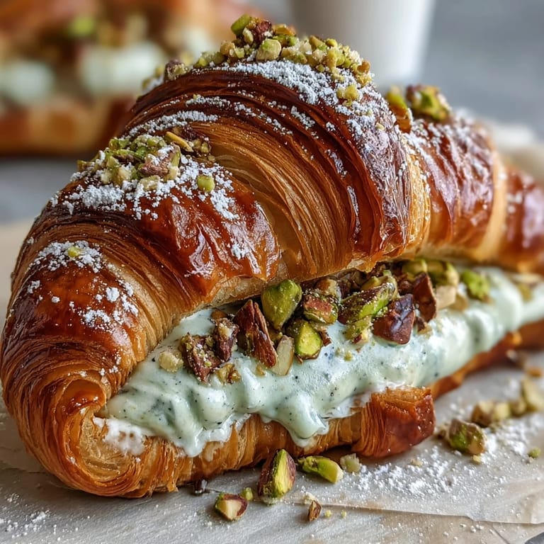 Golden-baked croissant oozing rich pistachio cream, topped with crunchy chopped pistachios—perfect for an indulgent breakfast or brunch.
