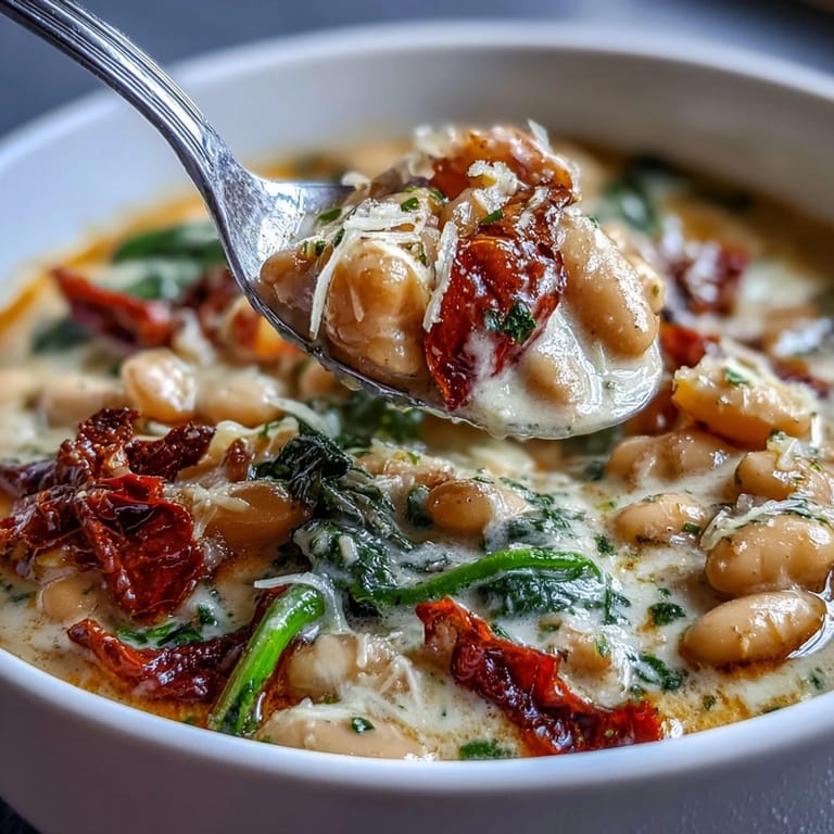 Warm and satisfying Creamy Tuscan White Bean Soup, brimming with cannellini beans, fresh spinach, and Italian herbs.