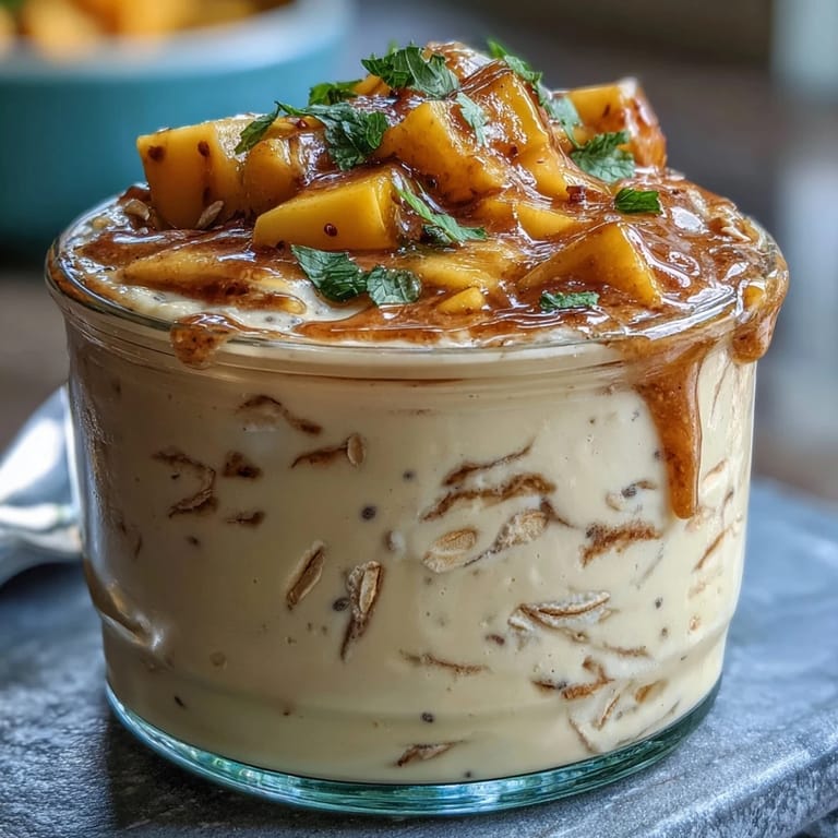 Overnight oats blended with mango purée and yogurt, topped with diced mango and pistachios for a refreshing morning treat.