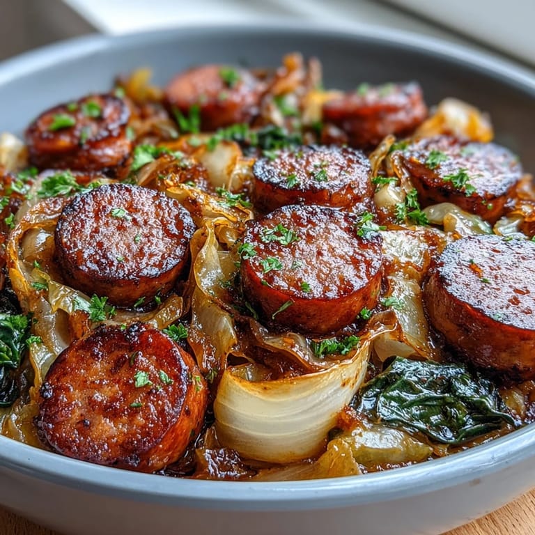 One-pan cabbage and sausage skillet dinner with caramelized onions, garlic, and fresh parsley, perfect for a comforting weeknight meal.
