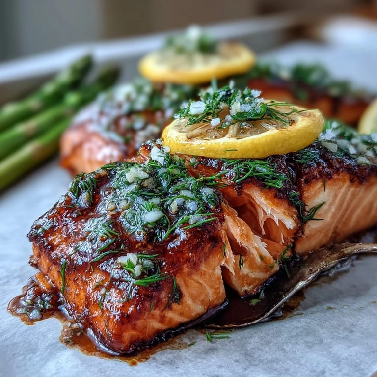 Healthy baked salmon fillet with asparagus and lemon slices, garnished with dill—perfect for a quick, nutritious dinner.