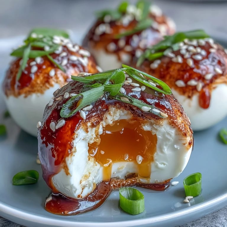 Soft-boiled eggs marinated in spicy miso, offering a rich and tangy Japanese-inspired taste.