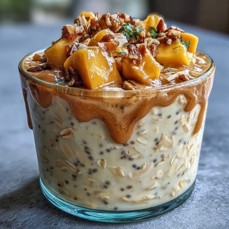 A jar of mango lassi overnight oats layered with vibrant mango, creamy yogurt, and a hint of cardamom spice.