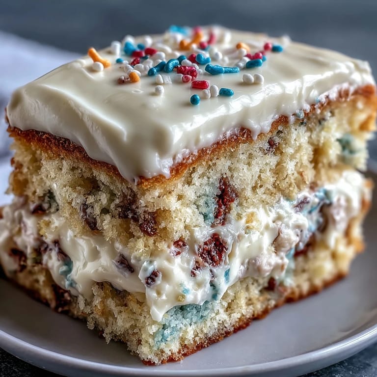 This festive Funfetti Dip Cake is ready for party guests, adorned with joyful sprinkles.