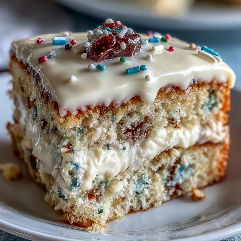 Enjoy slices of delicious Spring Birthday Party Funfetti Dip Cake, a sweet, creamy dessert.