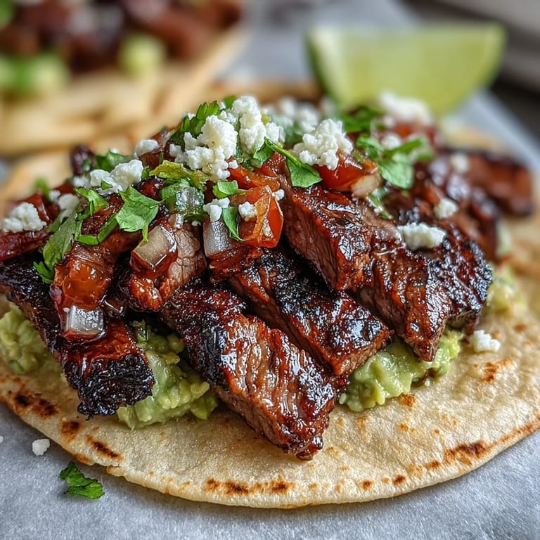 Vibrant street taco bar featuring tender carne asada and a colorful array of fresh toppings.