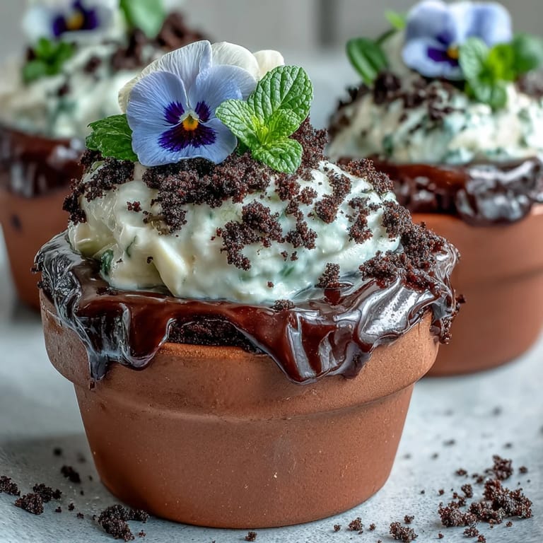 Rich Mother's Day brownies look like mini garden pots with chocolate cookie soil.