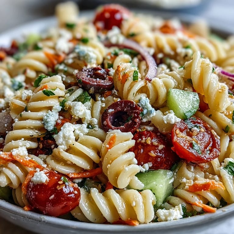 Fresh Memorial Day Pasta Salad, tossed in zesty Italian dressing, ready for picnics.