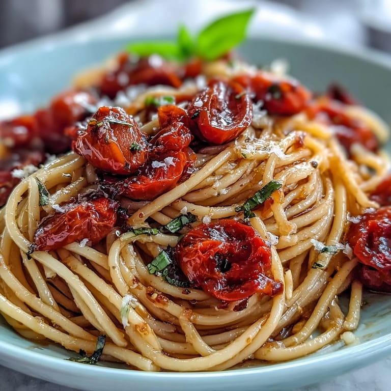 Tender, slow-roasted cherry tomatoes atop garlic oil spaghetti, perfect for weeknights.