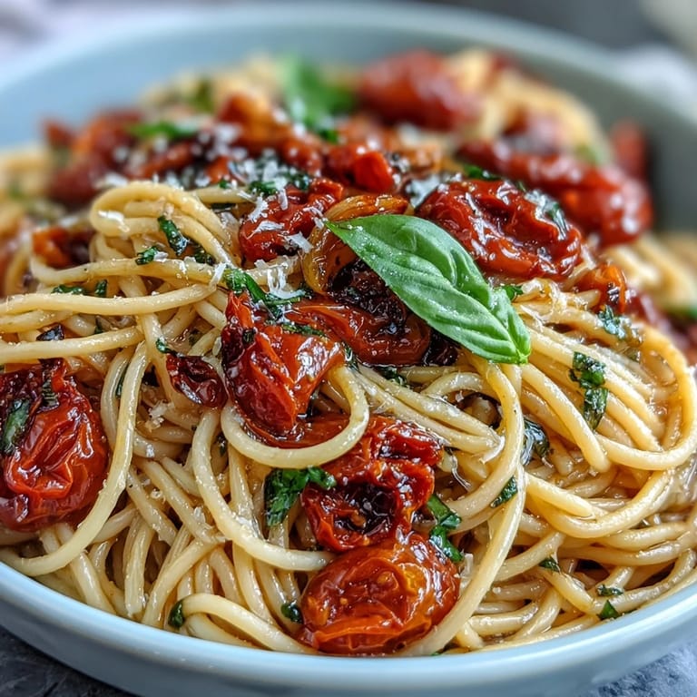 Delectable cherry tomato confit pasta, glistening with infused garlic oil and fresh basil.