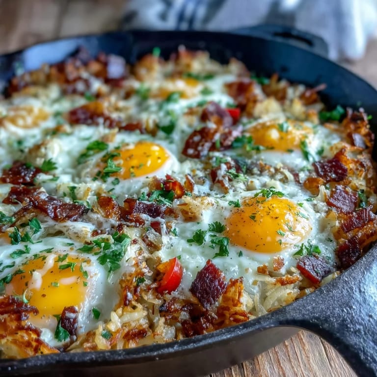 Savory bacon and colorful vegetables top this loaded hash brown skillet, perfect for Father's Day.