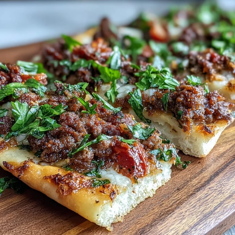 Delicious Lahmacun Pizza with ground lamb, invitingly baked with a touch of tart sumac accent.