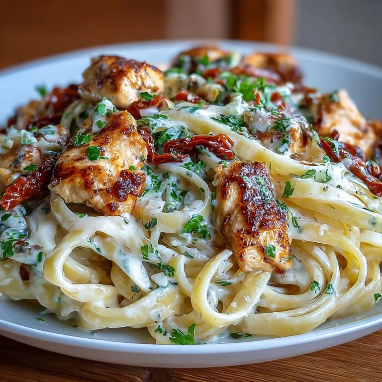 Golden-brown Marry Me Chicken Pasta, garnished with fresh basil, ready to serve.