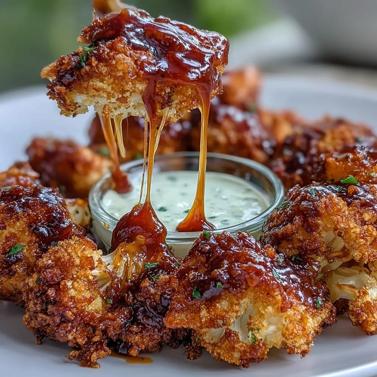 Oven-baked vegan BBQ cauliflower wings, a party favorite with ranch.