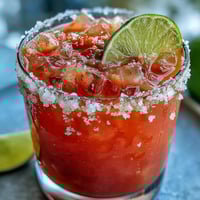 Freshly shaken Guava Margarita served over ice in a salt-rimmed glass, garnished with a bright lime wedge and tropical guava slice.