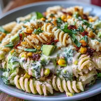 Creamy Street Corn Pasta Salad features rotini coated in a rich cheese dressing with roasted corn and fresh herbs.