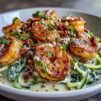 Keto Creamy Garlic Tuscan Shrimp with Zucchini Noodles features pink shrimp in a rich cream sauce with spinach and sun-dried tomatoes.