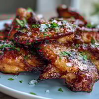Crispy baked chicken wings glazed with sweet honey and spicy sriracha, finished with flaky sea salt.  