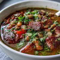 Hearty ham and pinto bean soup with tender chunks of smoked ham and creamy beans in a rich, spiced broth.  