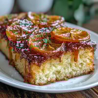A slice of candied orange almond cake with vibrant citrus slices glistening on top, perfect for a gluten-free dessert table centerpiece.
