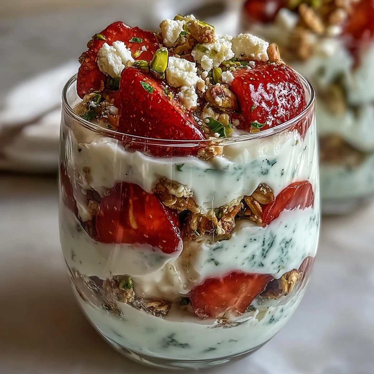 A colorful pistachio and strawberry breakfast parfait with layers of creamy yogurt, fresh berries, and crunchy nuts.