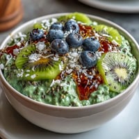 A vibrant bowl of matcha overnight oats with coconut and chia seeds, topped with fresh kiwi and banana slices for a nourishing breakfast.