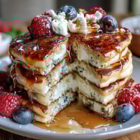 1. Protein-packed cottage cheese and berry pancakes with juicy blueberries, golden-brown and fluffy on a white plate.  