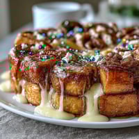 A golden baked King Cake French Toast casserole topped with vibrant purple, green, and gold icing and festive sprinkles.