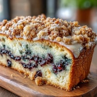 Golden sourdough loaf swirled with juicy blueberries and lemon zest, topped with a buttery crumble topping for a perfect breakfast treat.  