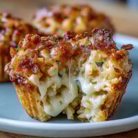 Funeral potatoes muffin cups baked golden with crispy cornflake topping and melted cheese in a muffin tin.