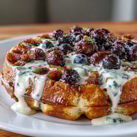 Golden sourdough waffles packed with juicy blueberries and fresh lemon zest, served with creamy maple yogurt for a bright, tangy brunch.