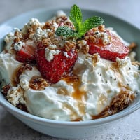 Fluffy yogurt breakfast bowl with strawberries and granola crunch, topped with fresh berries and crunchy granola for a nutritious morning treat.  