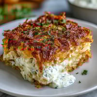 Cozy Funeral Potatoes Casserole with Hashbrown Topping, golden and bubbling, served in a ceramic dish.