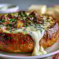 St. Patrick's Day spinach artichoke dip bread bowl with creamy cheese and fresh spinach in a crusty sourdough loaf.