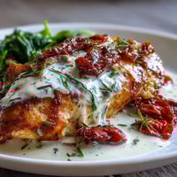 Creamy Tuscan Chicken with Sun-Dried Tomatoes in a rich, golden sauce, topped with fresh basil.  
