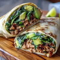 Healthy Easy 5-Ingredient Avocado Tuna Wraps with spinach and whole wheat tortillas.