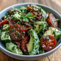 Fresh cucumber tomato avocado salad with lemon dressing, vibrant and creamy, perfect for a healthy lunch or light dinner.