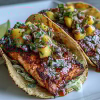 Grilled salmon tacos with mango salsa, topped with red cabbage on warm tortillas, perfect for a light summer meal.  