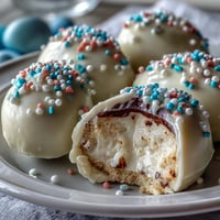 Creamy peanut butter Easter eggs coated in smooth white chocolate and topped with colorful sprinkles make a festive, indulgent treat.