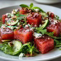 Vibrant watermelon and arugula salad with creamy feta, juicy fruit, and peppery greens in a zesty lime dressing.  