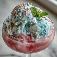 A whimsical cotton candy lemonade float with vanilla ice cream and pink cotton candy in a sprinkle-rimmed glass.