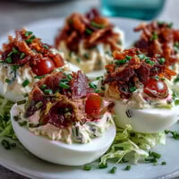 BLT Deviled Eggs with Crispy Bacon Crumbles on a white platter, topped with lettuce, tomato, and smoky bacon crumbles.