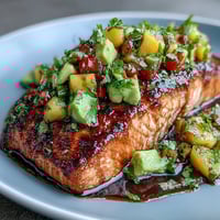 Baked salmon topped with bright mango avocado salsa, perfect for a healthy summer dinner.  