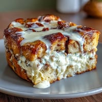 Golden-brown Cream Cheese Swirl Cinnamon Roll French Toast Bake fresh from the oven, served warm with maple syrup and a dusting of powdered sugar on top.