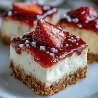 Strawberry cheesecake bars with creamy filling and fresh strawberry topping served on a white plate.