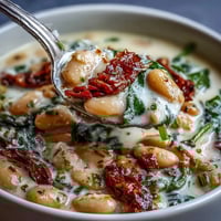 Creamy Tuscan White Bean Soup with tender beans, spinach, and sun-dried tomatoes in a rich, velvety broth.  