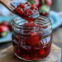 Cottagecore strawberry jam in a rustic jar, glowing with vibrant red color and fresh berry aroma, perfect for a cozy breakfast spread.