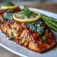 Vibrant one pan lemon herb salmon with fresh dill, asparagus, and lemon slices on a baking tray, ready for roasting.