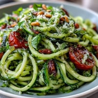 Vibrant zucchini noodles tossed with fresh basil pesto and juicy cherry tomatoes, a healthy raw dish bursting with flavor.