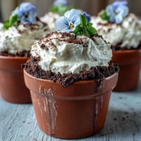 Mother's Day Flower Pot Brownies topped with creamy frosting and edible flowers.